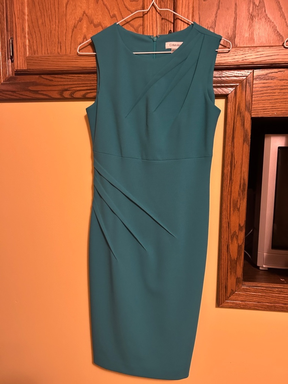Calvin Klein Teal Midi Sheath Dress with Pleat Accents